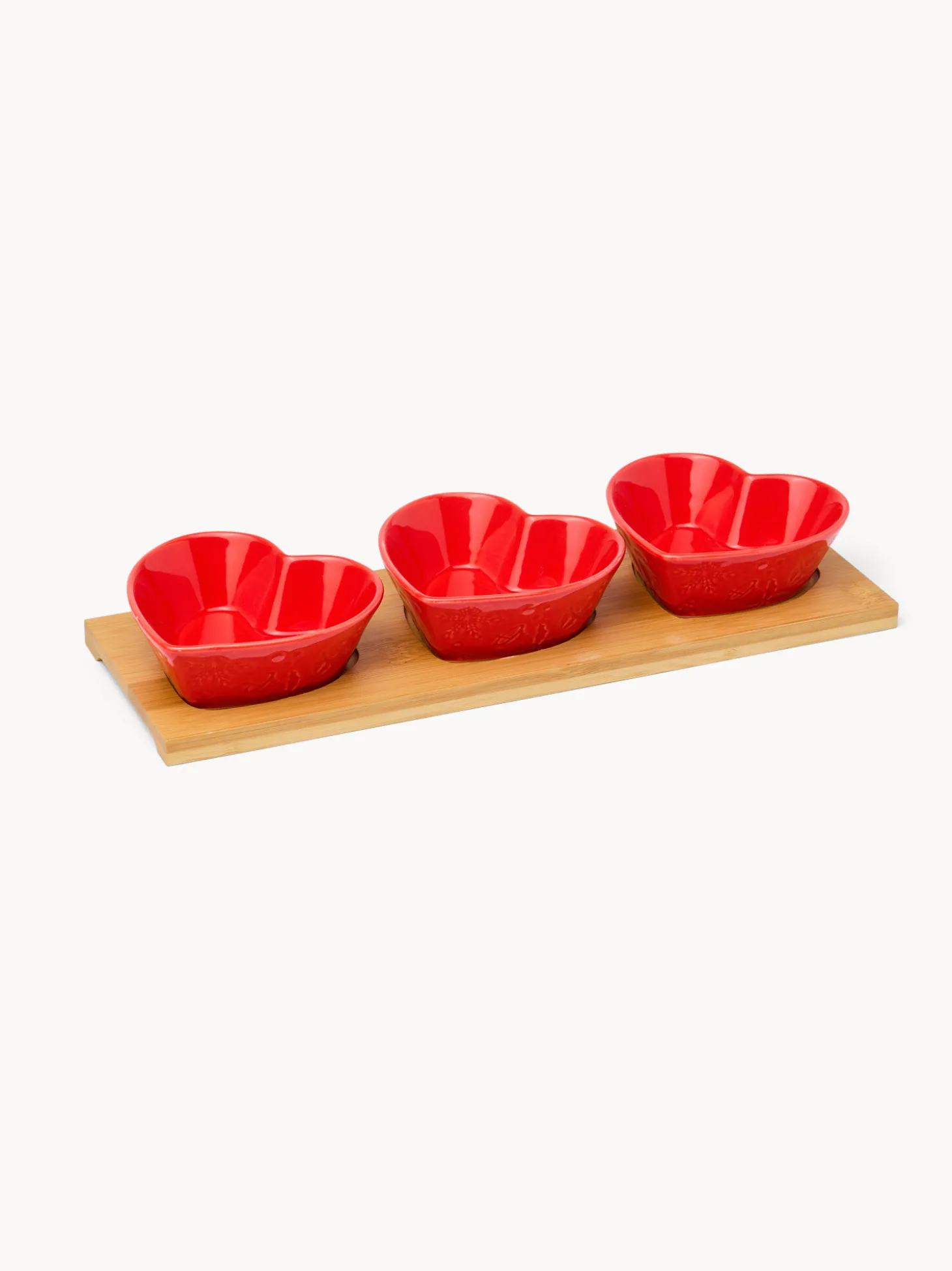Antipastiera in legno di bamboo con 3 coppette a cuore