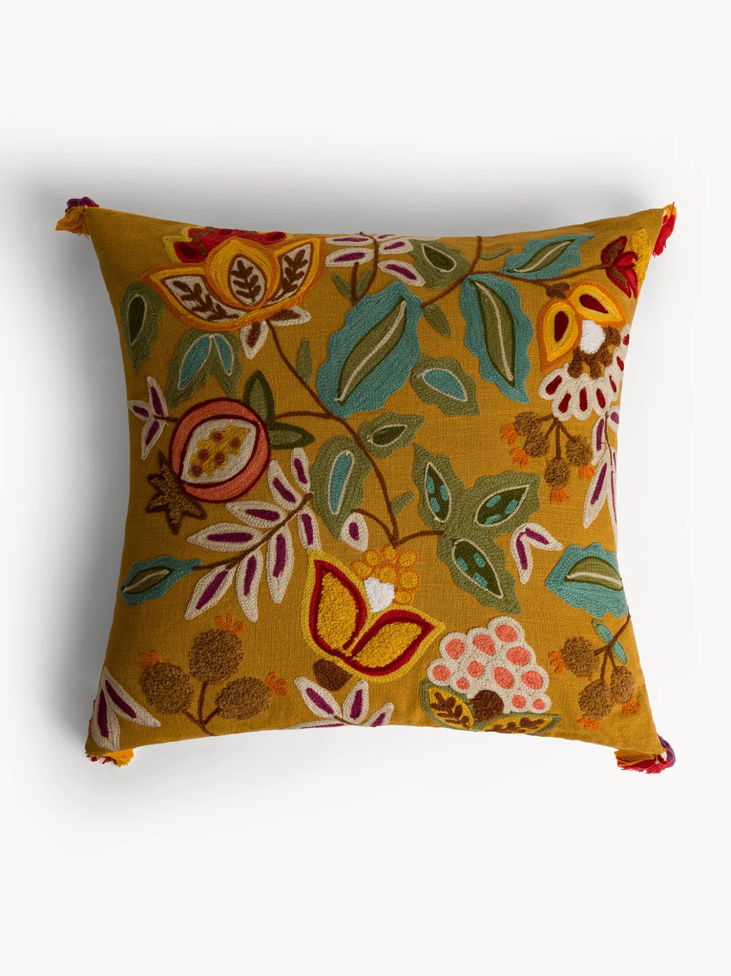 Cuscino 45x45 cm in cotone con ricami e nappe