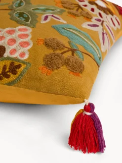 Cuscino 45x45 cm in cotone con ricami e nappe