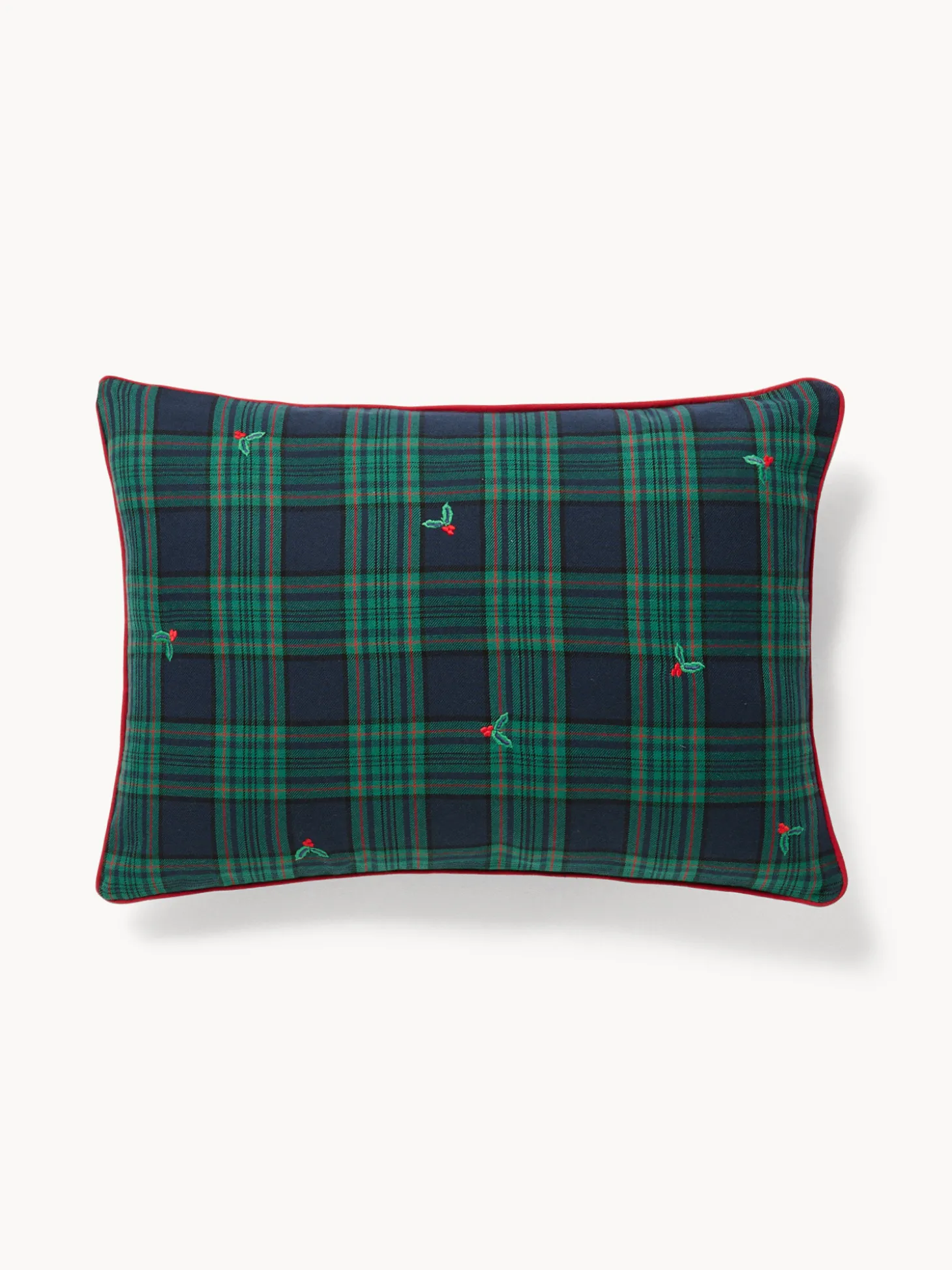 Cuscino 35x50 in cotone motivo tartan con ricami agrifoglio