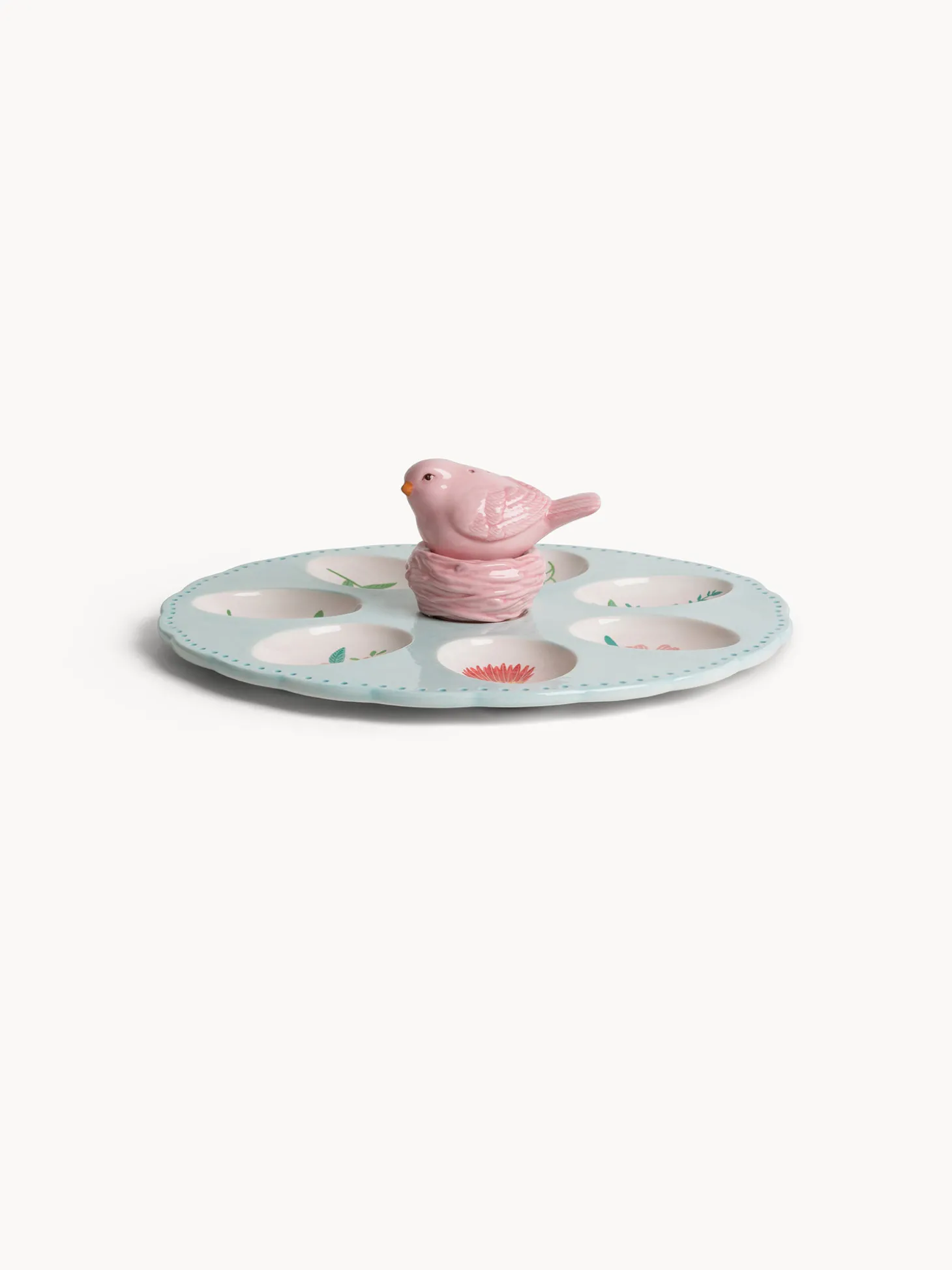 Piatto porta uova con uccellini sale e pepe in ceramica