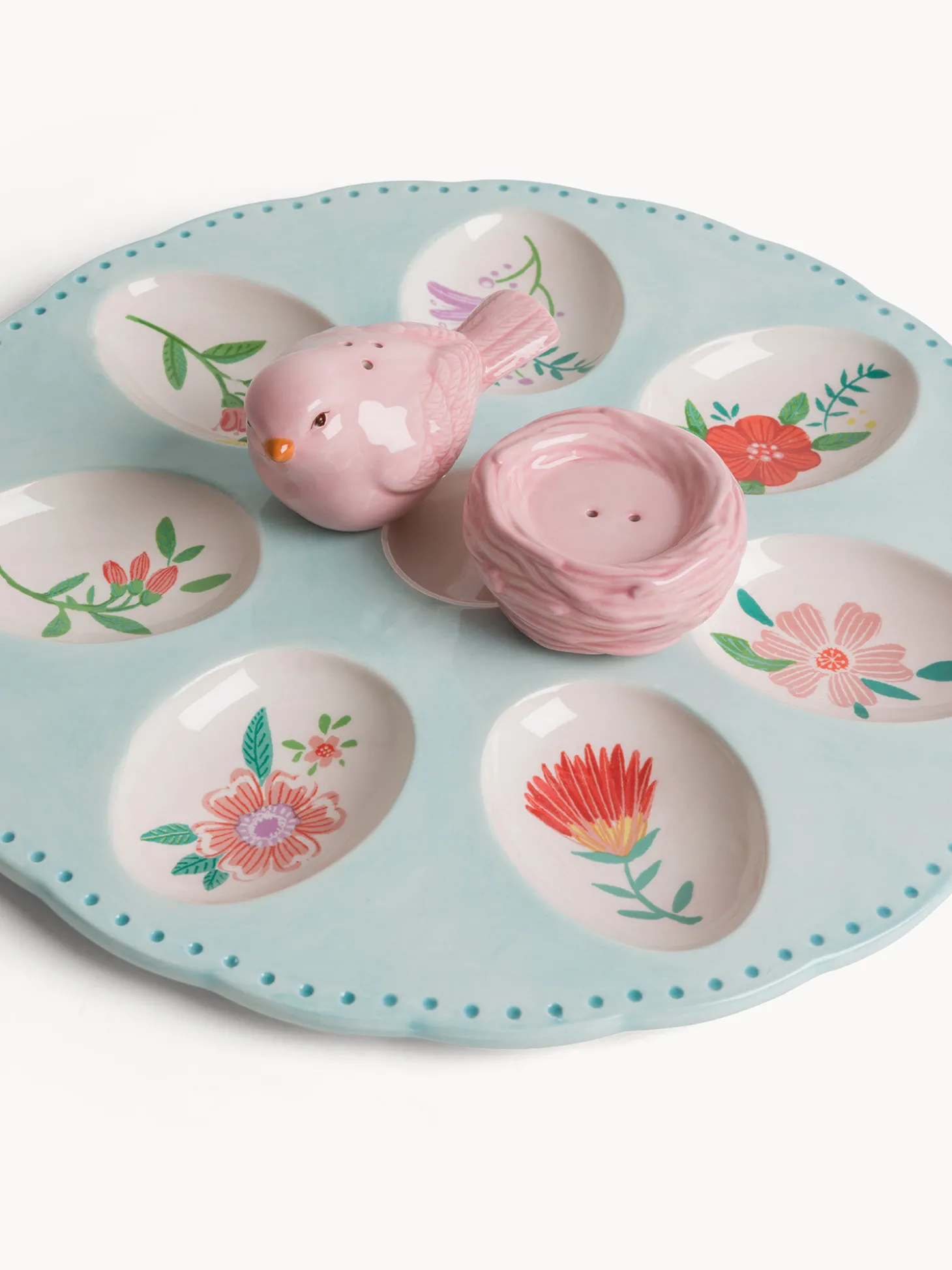 Piatto porta uova con uccellini sale e pepe in ceramica