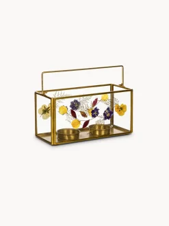 Porta t-light in vetro ed ottone con fiori secchi