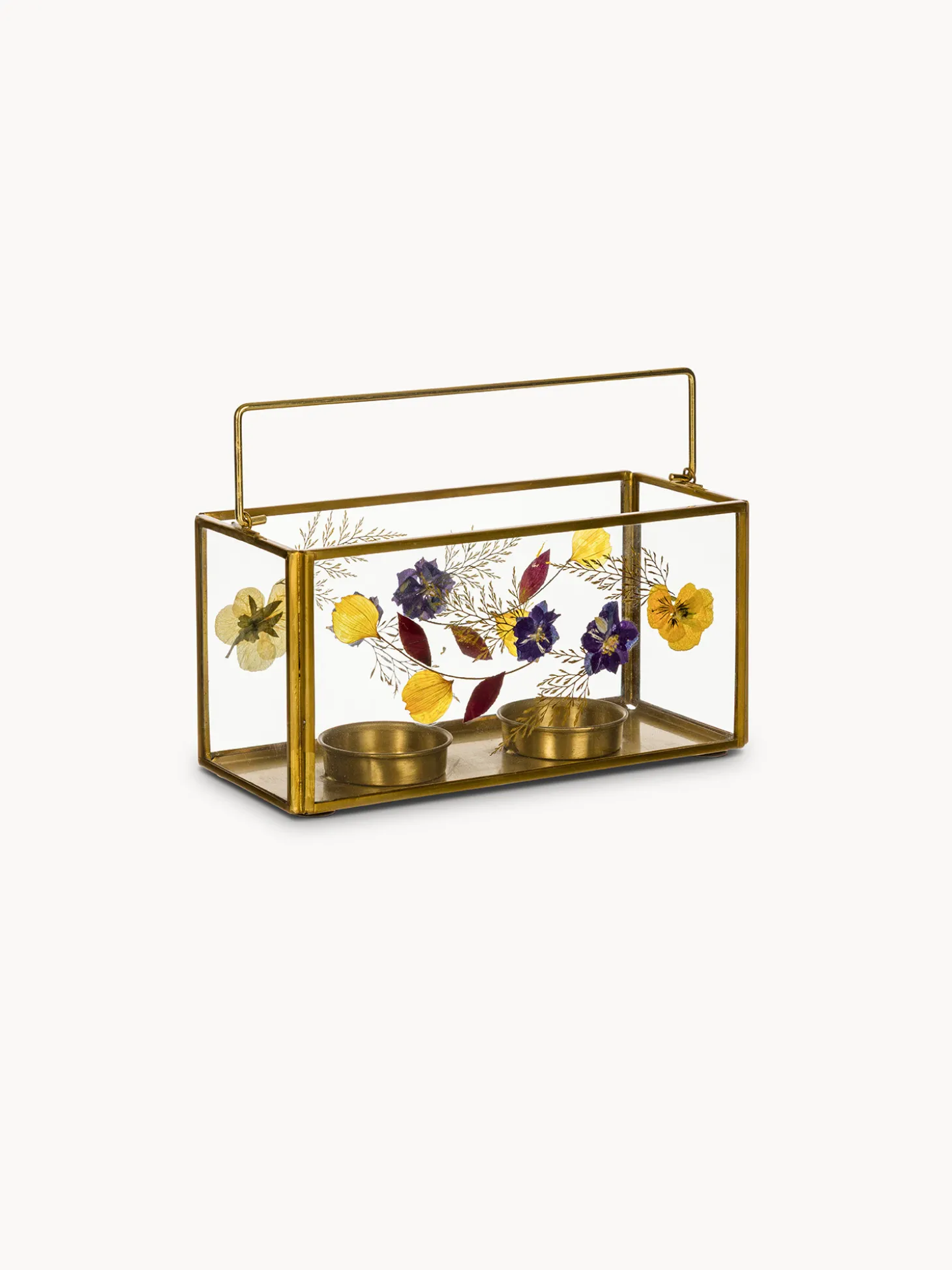 Porta t-light in vetro ed ottone con fiori secchi