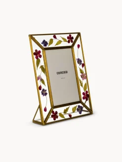 Porta t-light in vetro ed ottone con fiori secchi