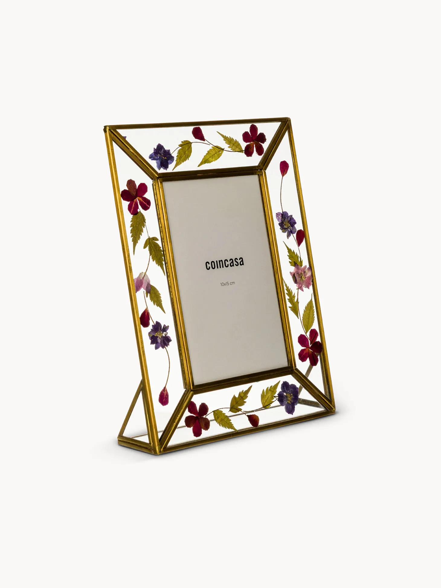 Porta t-light in vetro ed ottone con fiori secchi
