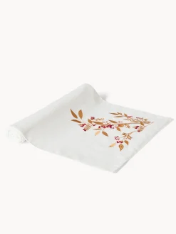 Runner in slub di puro cotone con ricamo foliage