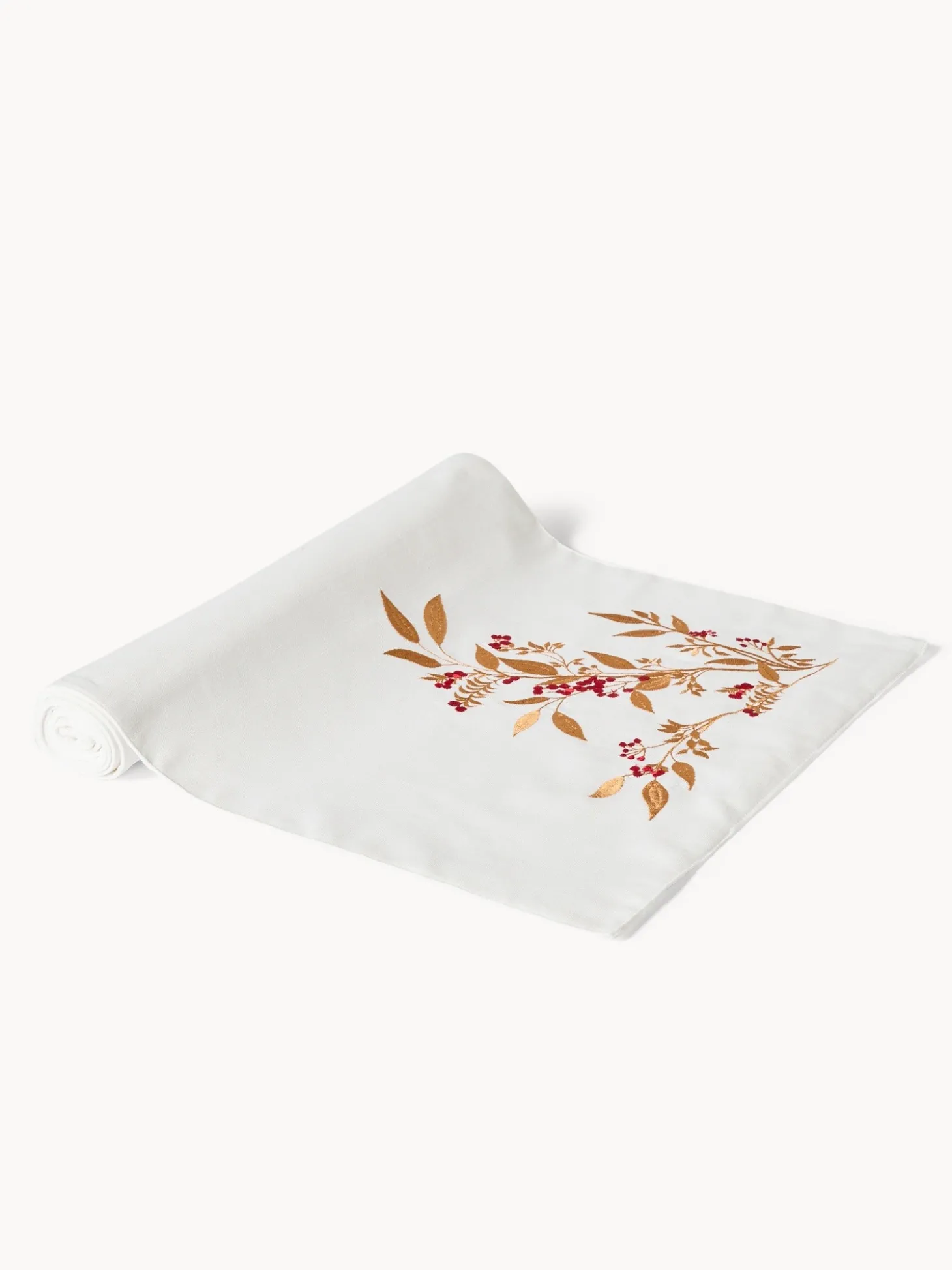 Runner in slub di puro cotone con ricamo foliage