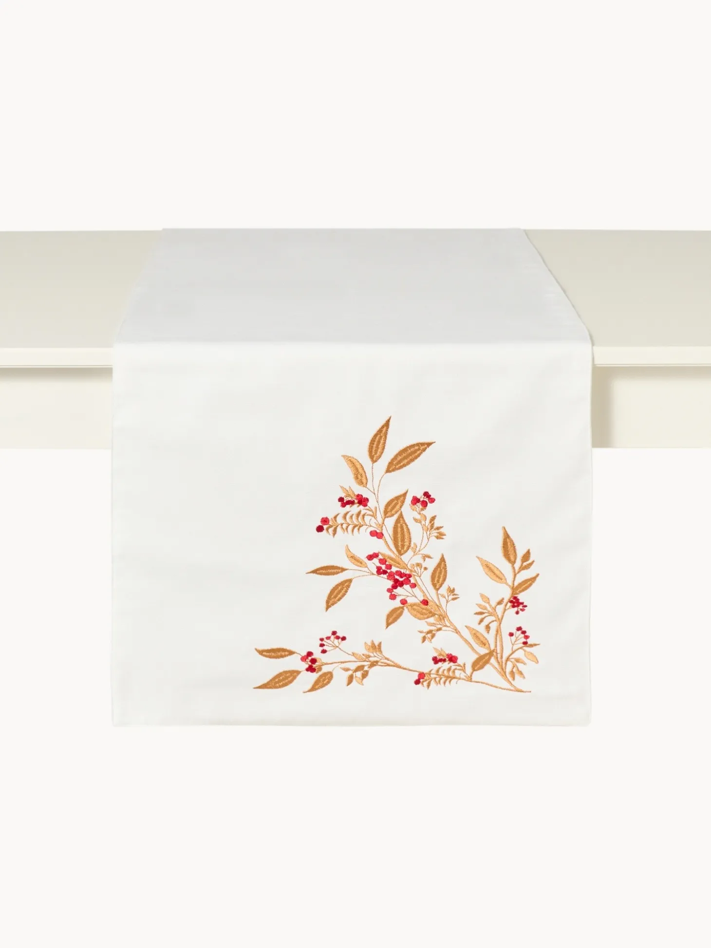 Runner in slub di puro cotone con ricamo foliage