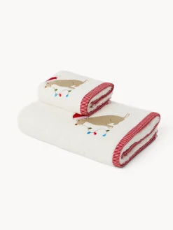 Set 2 asciugamani in spugna di cotone cagnolino ricamato