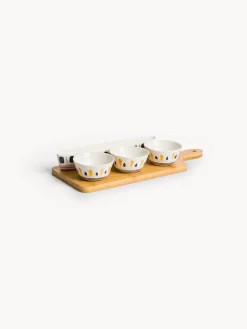 Set 4 ciotole in porcellana con tagliere in bambo