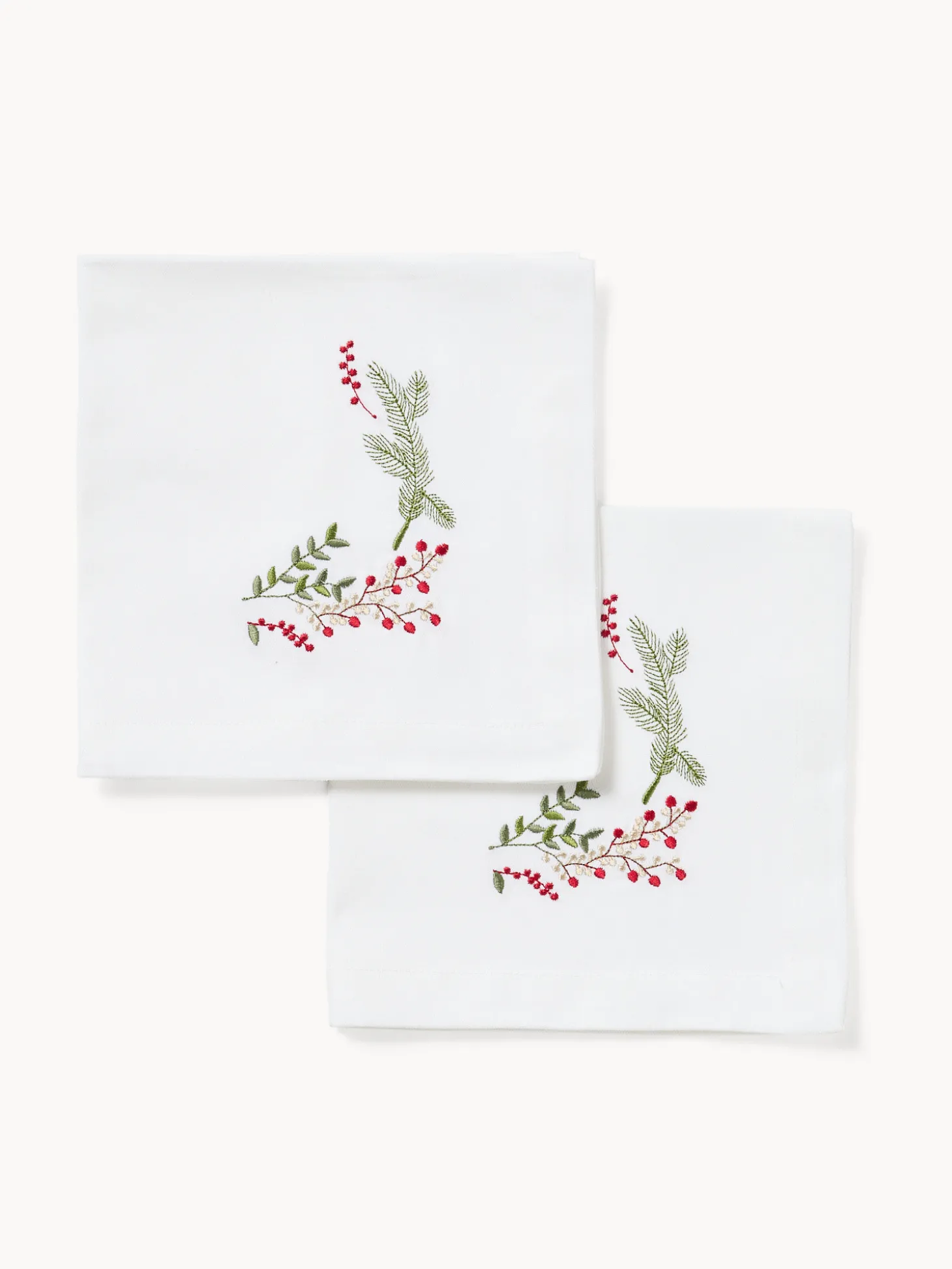 Set di 2 tovaglioli in twill di puro cotone ricamo agrifoglio