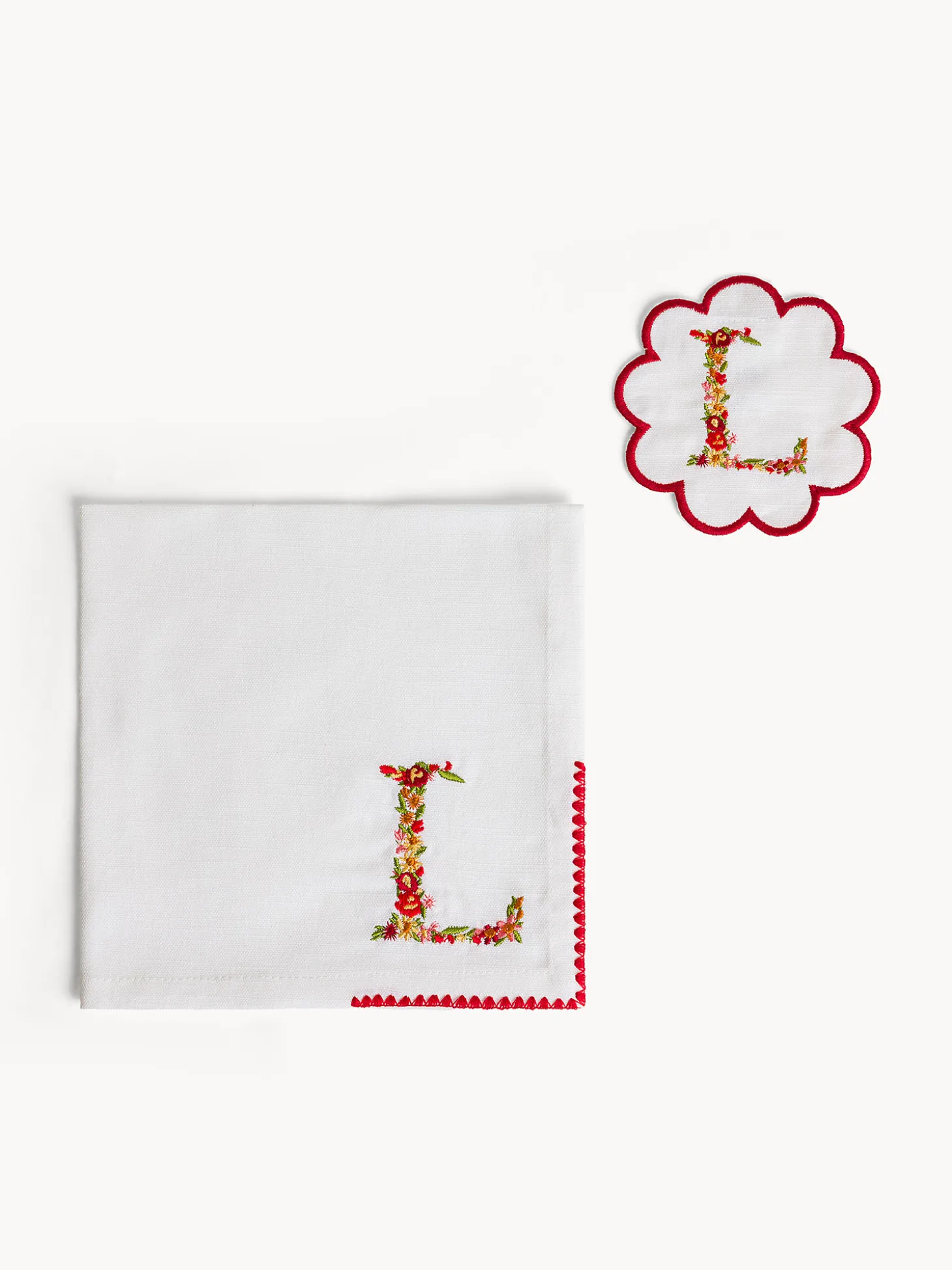 Set tovagliolo e sottobicchiere lettera ricamata L