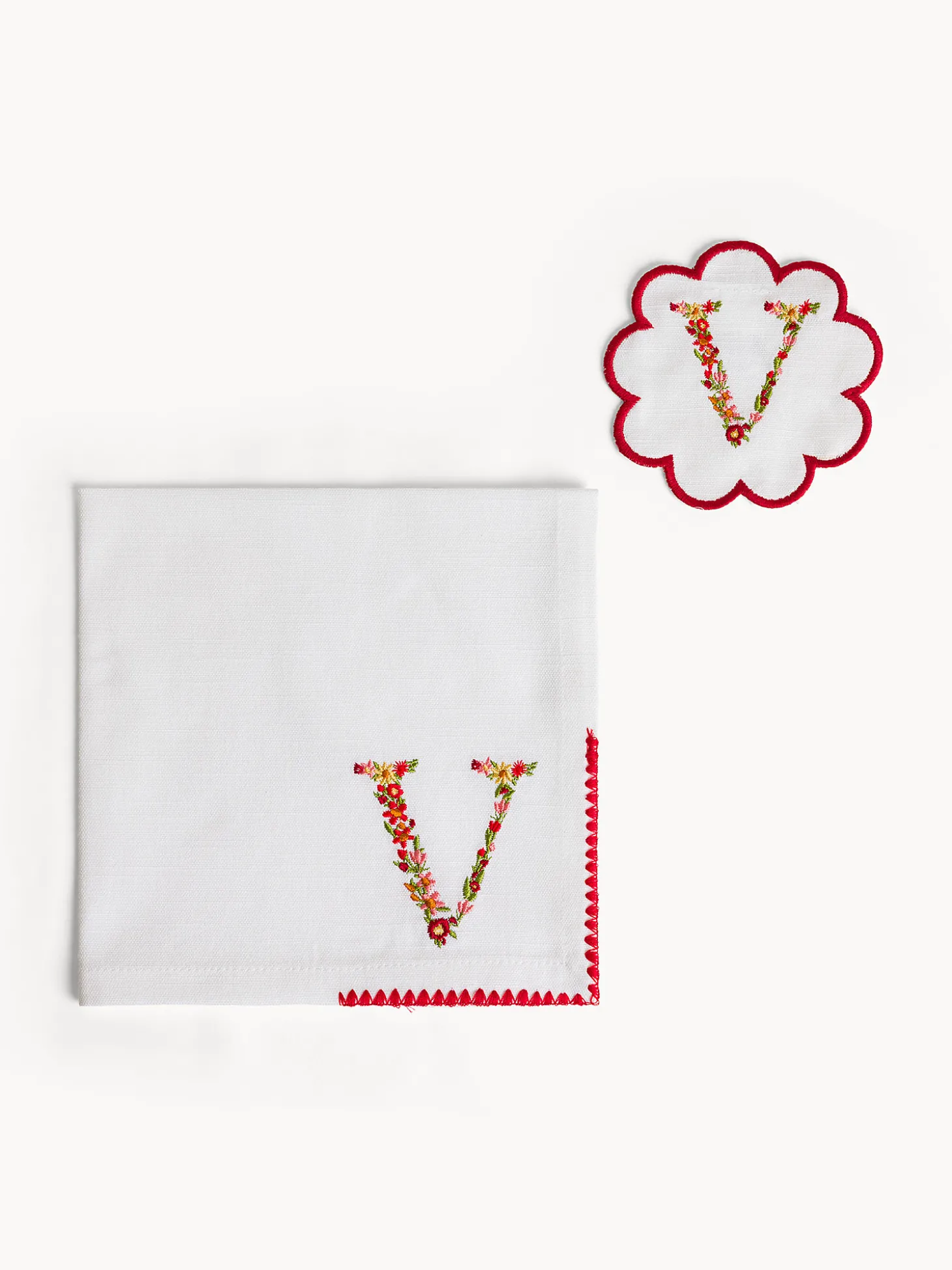 Set tovagliolo e sottobicchiere lettera ricamata V