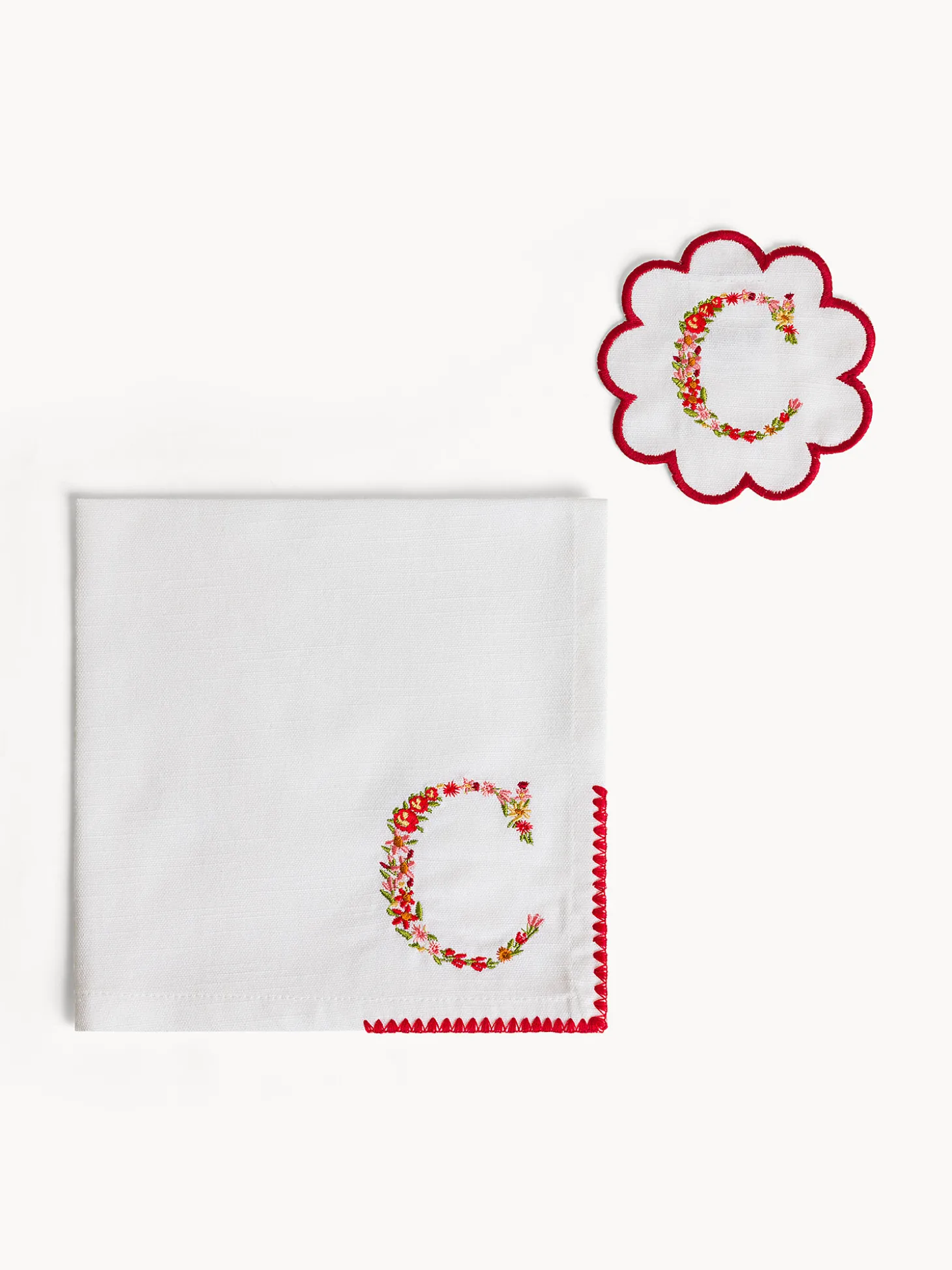 Set tovagliolo e sottobicchiere lettera ricamata C