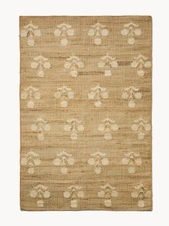Tappeto rettangolare in 100% iuta con fiori bianchi