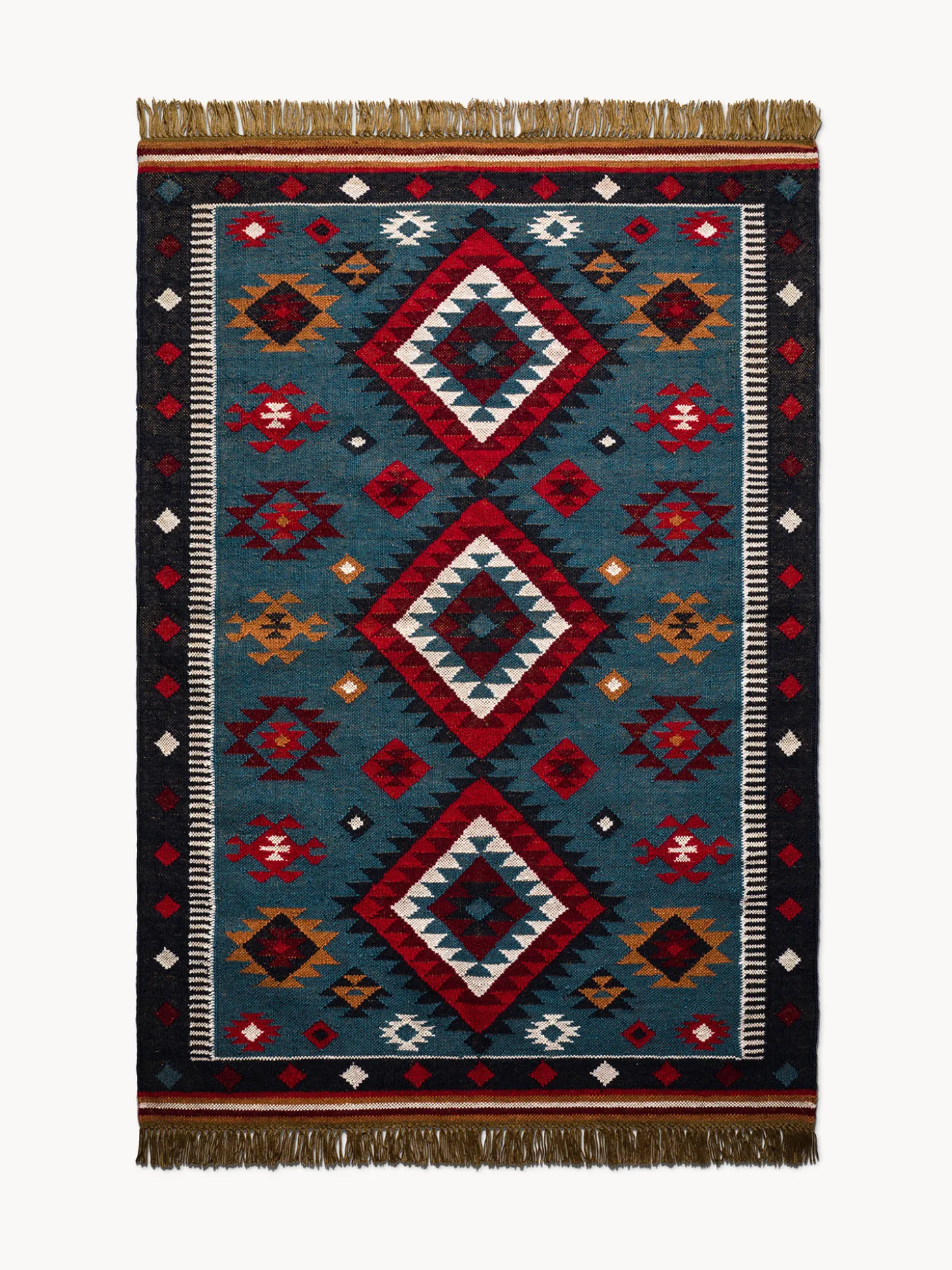 Tappeto stile Navajo con motivo geometrico e frange
