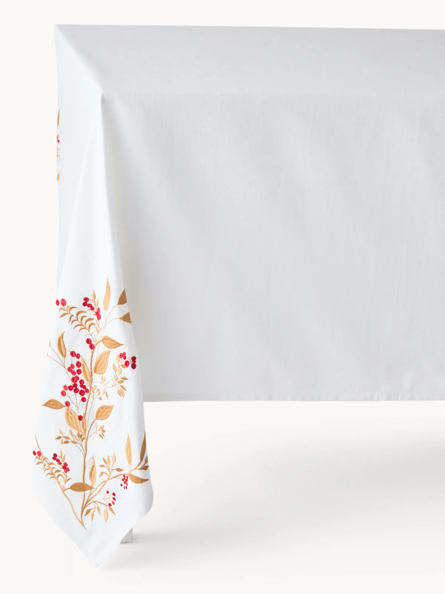 Tovaglia in slub di puro cotone con ricamo foliage