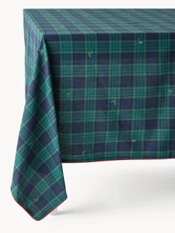 Tovaglia tartan in twill di cotone con ricami agrifoglio