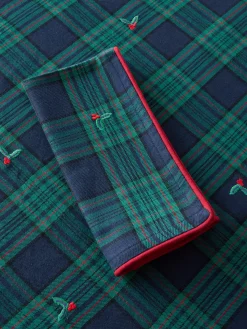 Tovaglia tartan in twill di cotone con ricami agrifoglio