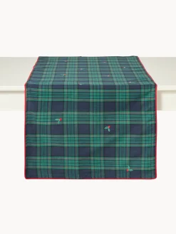 Tovaglietta tartan in twill di cotone con ricami agrifoglio e bordi smerlati